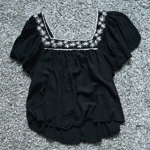 Chic Dark Navy Blouse with White Embroidery